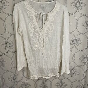 Women's INC Beach White Tunic Top Tie Neck Long Sleeve Size XL